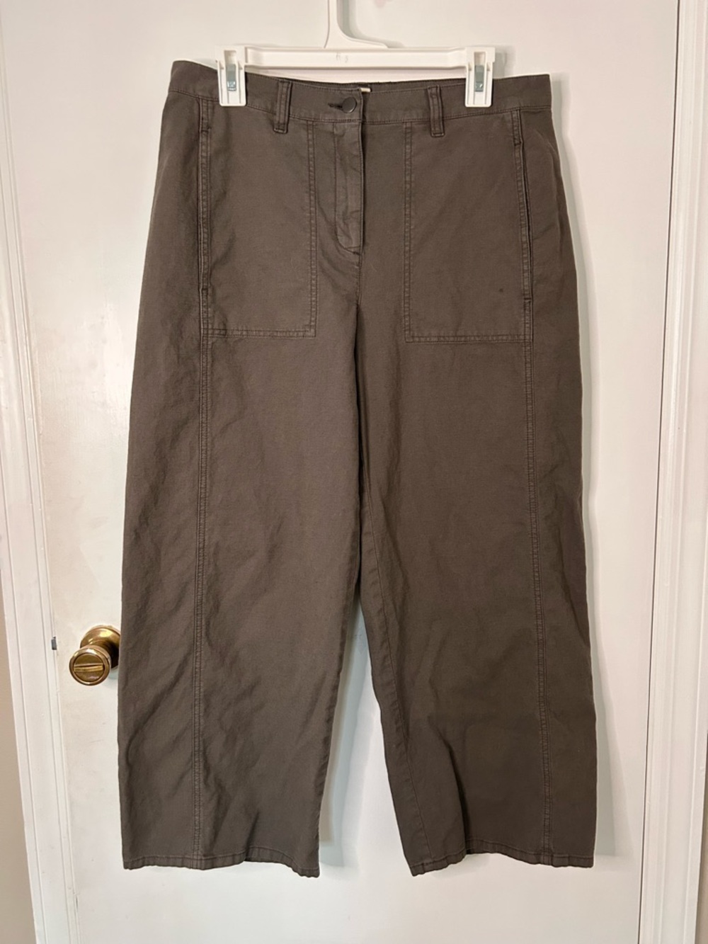 EILEEN FISHER OLIVE GREEN CROPPED ORGANIC COTTON WIDE LEG PANTS SIZE MEDIUM